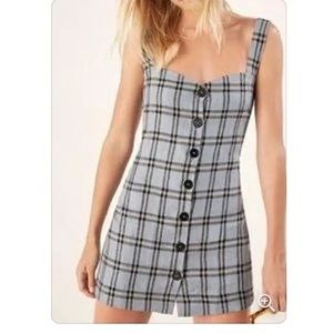 Blue Shetland Plaid Mini Button Front Linen Sle Casual Dress